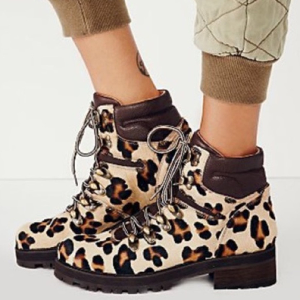 Free People Leopard Calf Hair Combat Boots